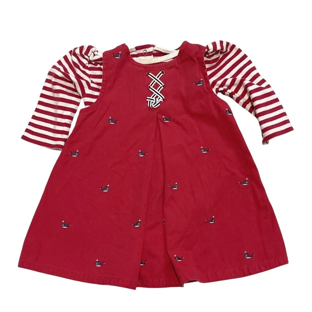 Gymboree Vtg 2003 Whale Watching Embroidered Dress‎ Size 6-12 Months Stripes Red